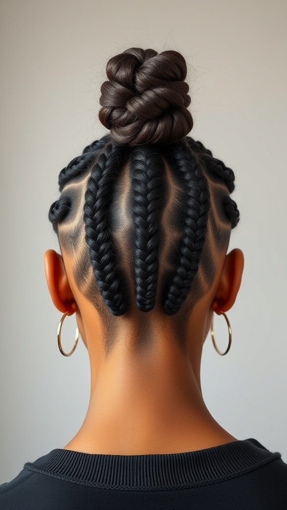 A close-up view of a person with knotless box braids styled into a top knot, showcasing the intricate braid pattern.