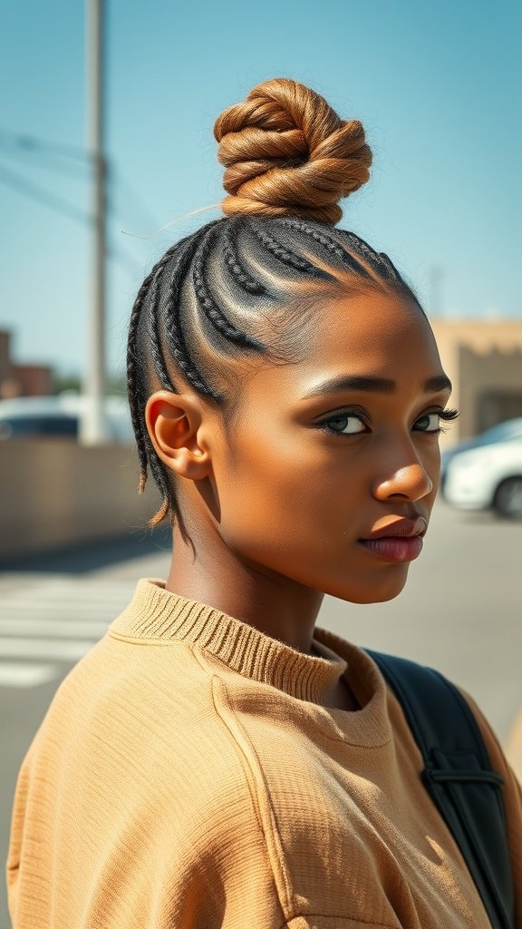 A woman with knotless braids styled in a top knot, showcasing a chic and modern hairstyle.