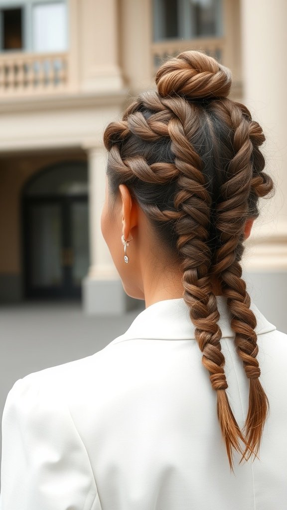 A woman with knotless braids styled into a tucked bun, showcasing a chic and elegant hairstyle.