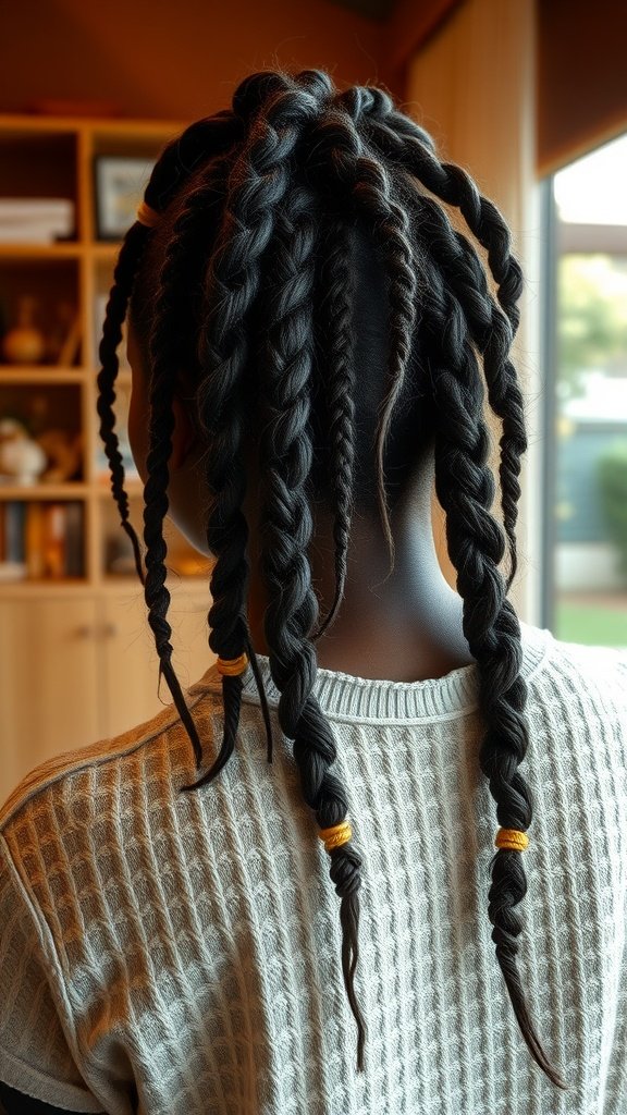 A person with knotless braids styled with a twist-out, showcasing a unique and vibrant hairstyle.