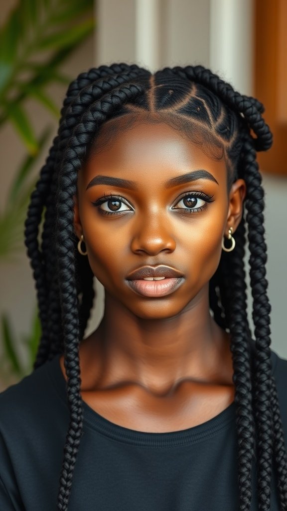 A close-up of a person with knotless braids styled in a twist-out, showcasing a smooth and elegant look.