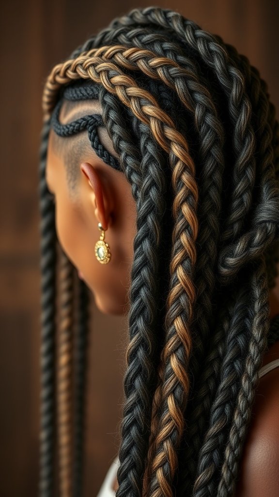 A close-up of a person with stylish knotless braids featuring a mix of dark and light colors.