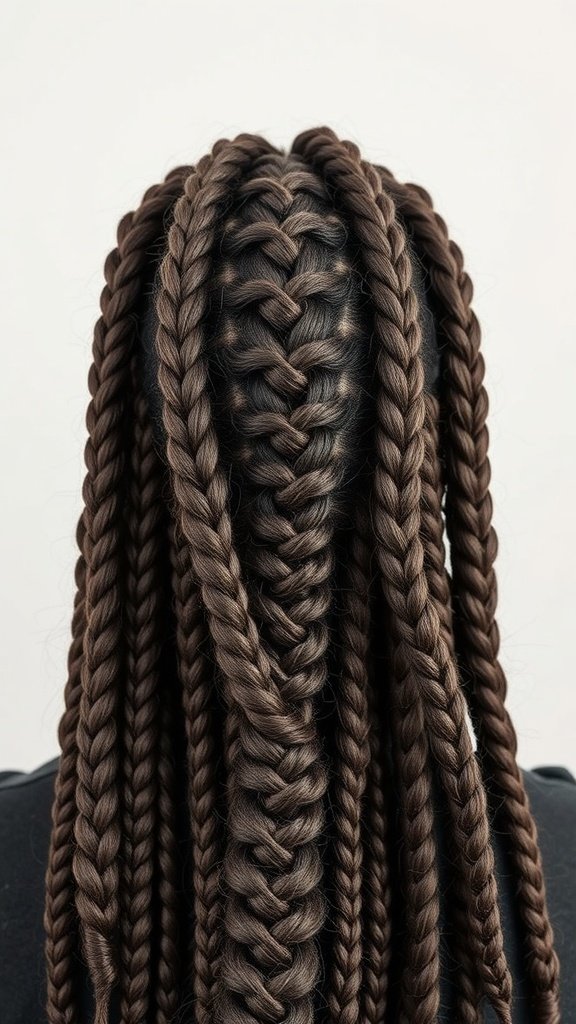 A close-up view of knotless braids styled with a unique twist, showcasing a rich brown color and intricate patterns.