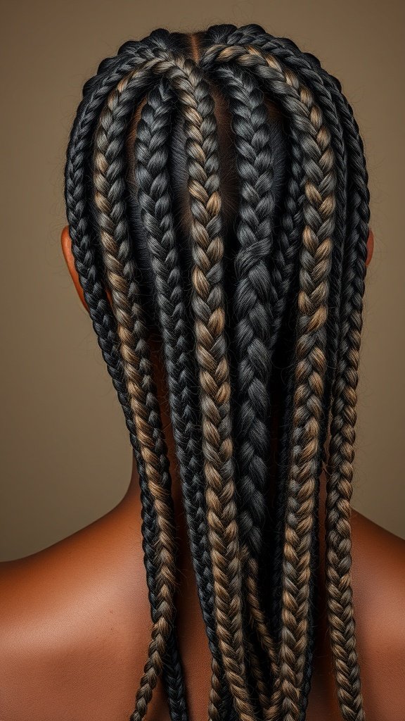 A close-up view of knotless braids in black and brown tones, showcasing a neat and stylish arrangement.