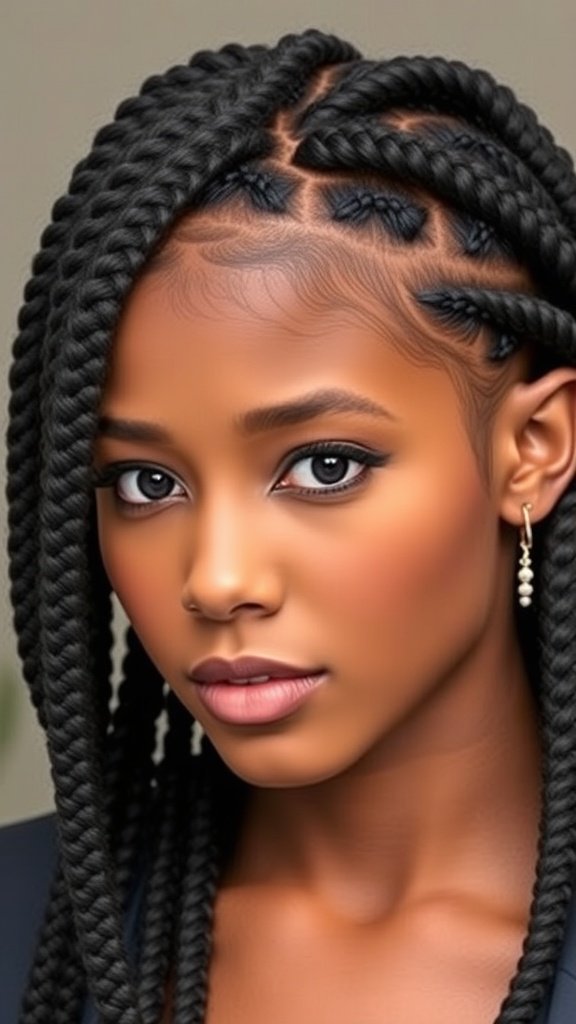 A close-up of a person with medium knotless braids featuring a twist, showcasing a stylish and polished look.