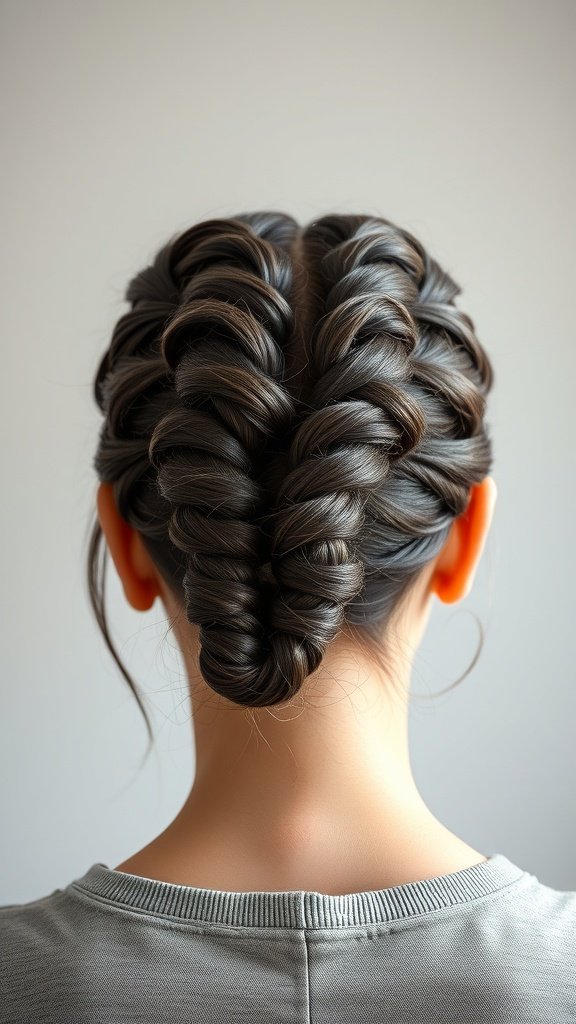 A close-up view of a woman's back hairstyle featuring intricate knotless braids styled in a unique twist.