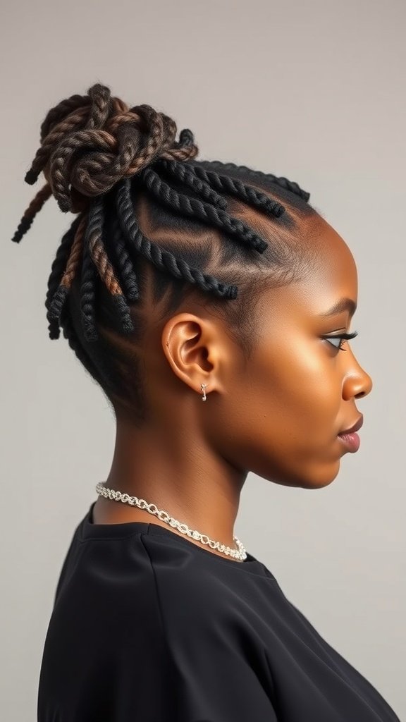 A woman with knotless box braids styled with a twist, showcasing a modern and chic look.