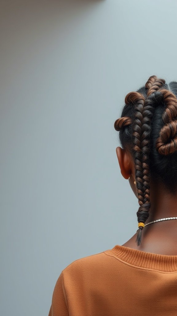 A close-up view of a person's back with unique knotless braids styled with loops and curls.