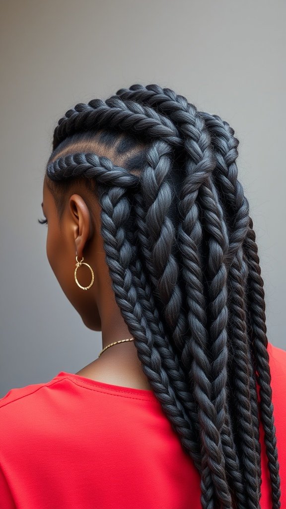 A stylish woman with knotless braids styled with a twist, showcasing a unique pattern and dark color.