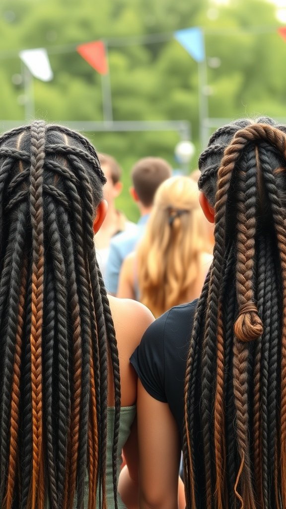 Two individuals with long knotless braids, one featuring a twist, showcasing a blend of dark and light tones.