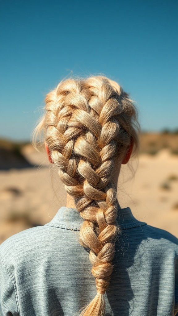 A close-up view of blonde boho knotless braids styled in a neat pattern.