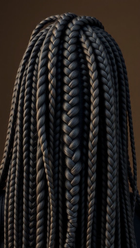 A close-up view of neatly styled knotless braids, showcasing a sleek and polished appearance.