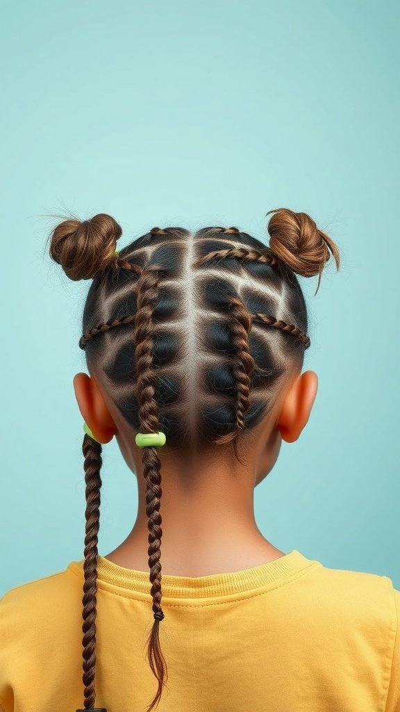 A back view of a child with knotless braids styled into two buns, featuring colorful beads.