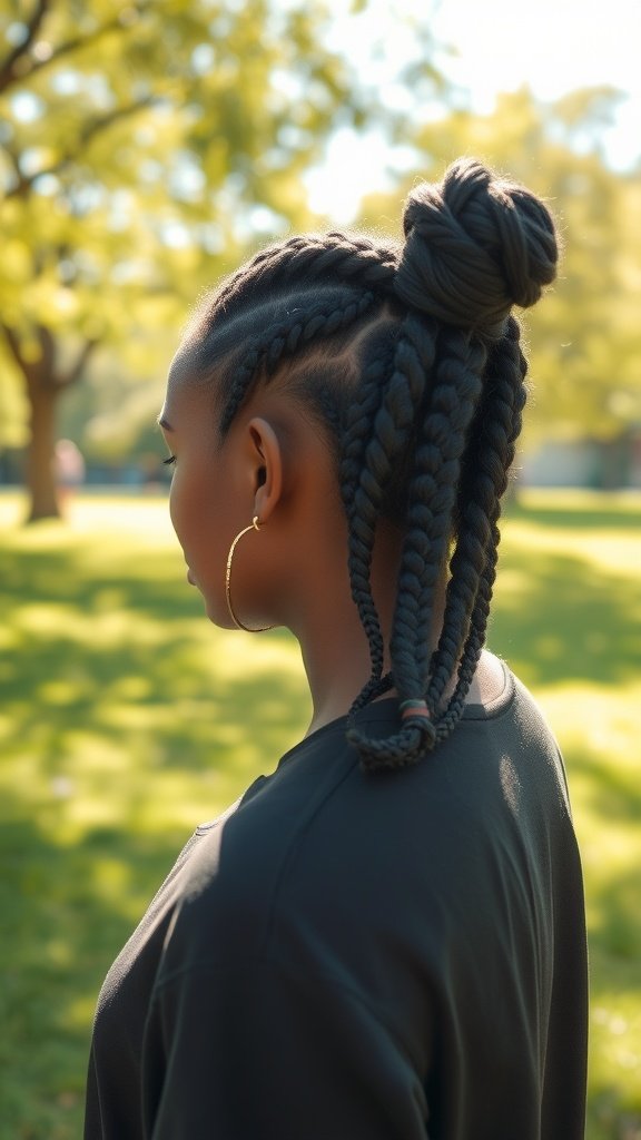 A woman with knotless braids styled in a twist out, showcasing a unique and trendy hairstyle.