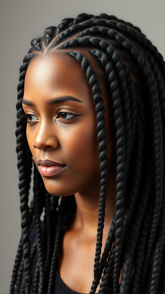 A close-up of a woman with knotless braids styled with a twist-out, showcasing defined curls and a smooth finish.