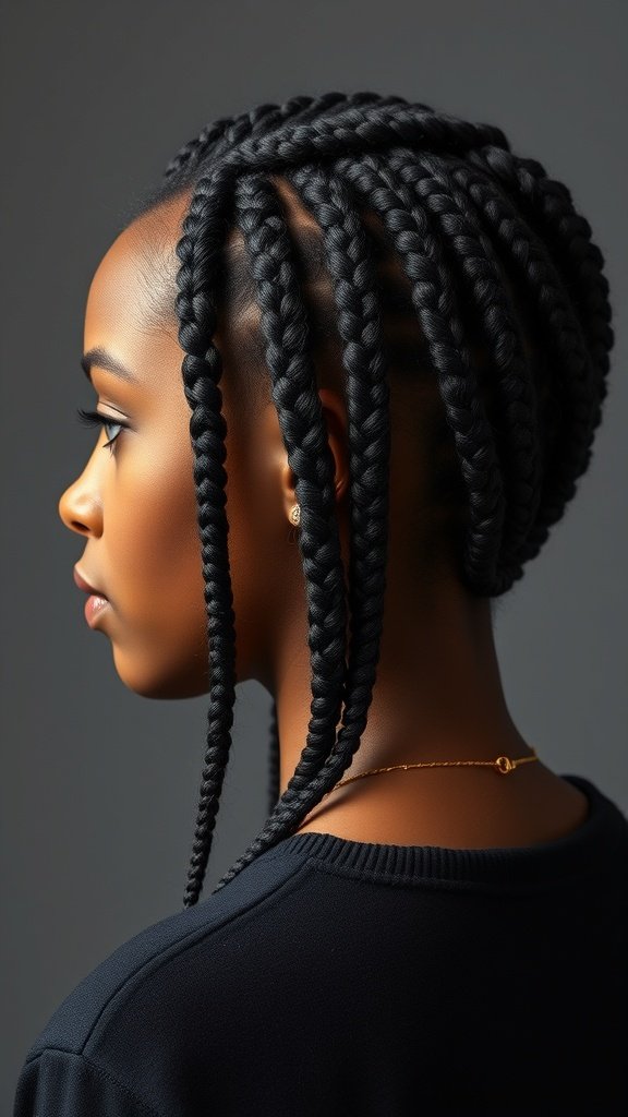 A close-up of a person with knotless braids styled with a twist-out effect.
