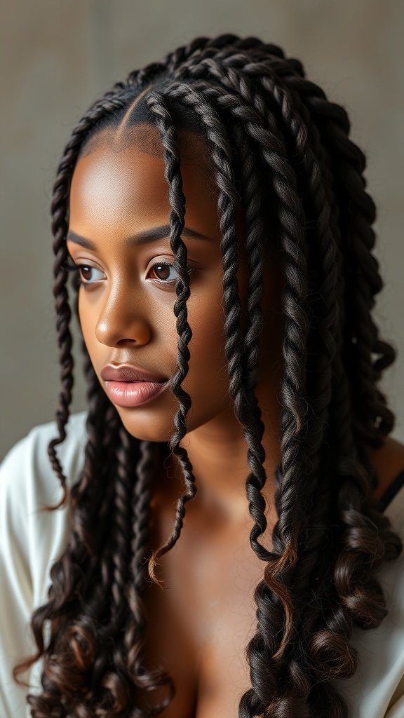 A close-up of a woman with knotless braids styled in a twist out, showcasing defined curls and a natural look.
