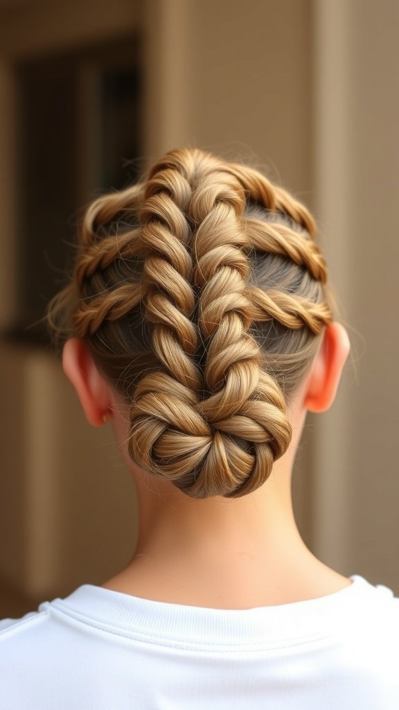 Back view of a person with knotless braids styled into a twisted bun.