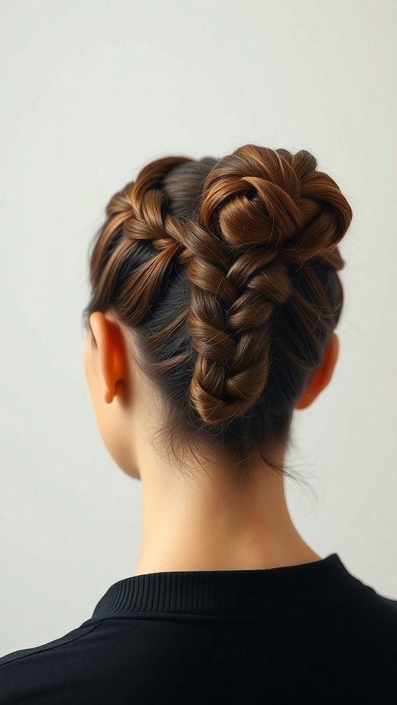 A woman with knotless braids styled in a twisted bun from the back.
