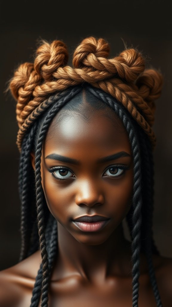 A model showcasing knotless braids styled with a twisted crown.