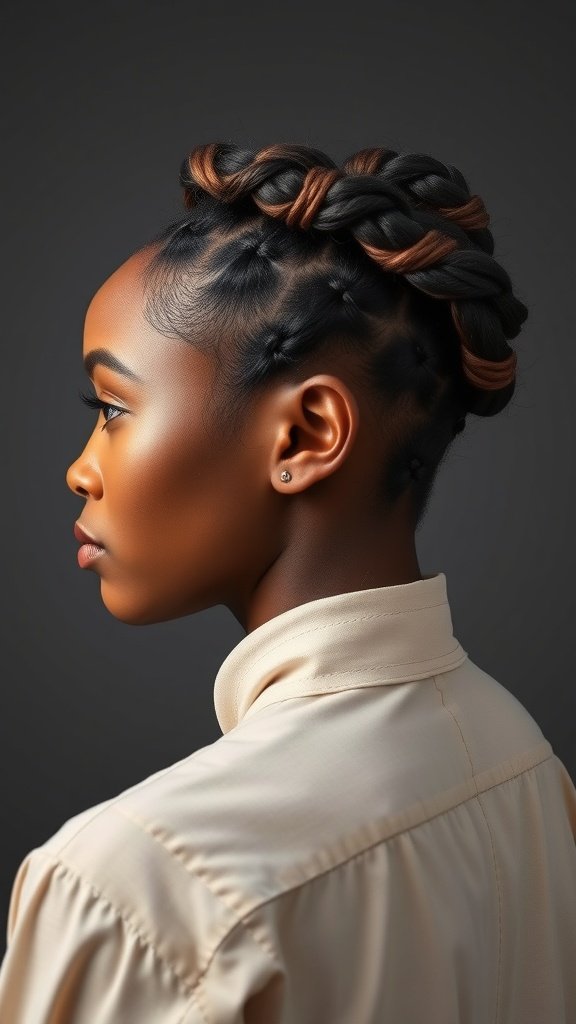 A close-up view of a woman with knotless braids styled in a twisted crown, showcasing a blend of colors.