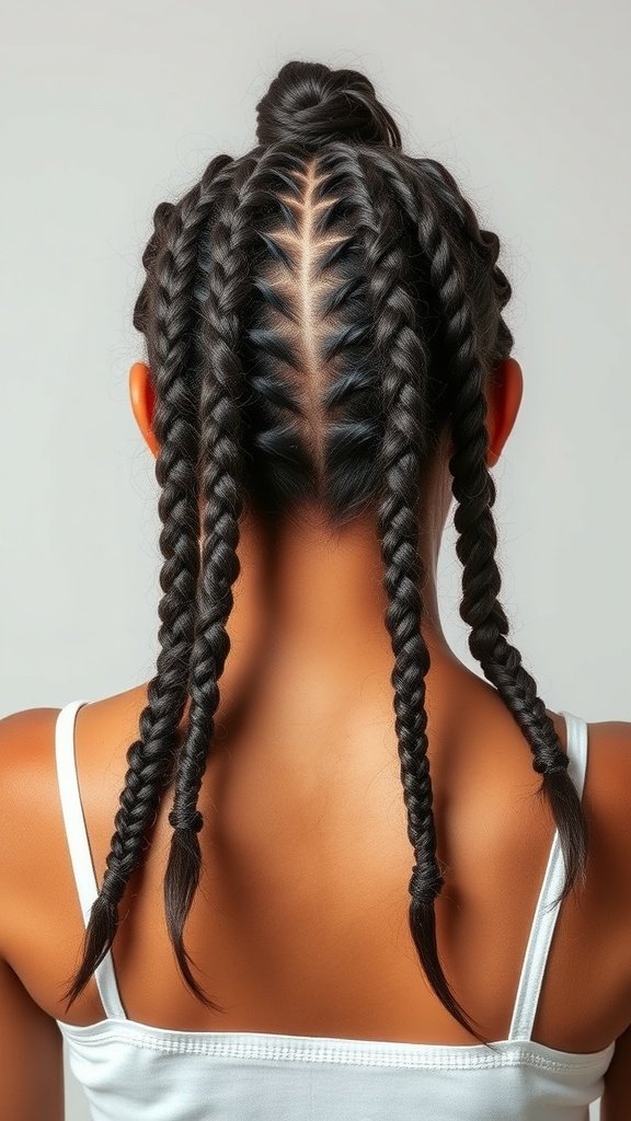 A close-up view of knotless braids styled with a unique parting.