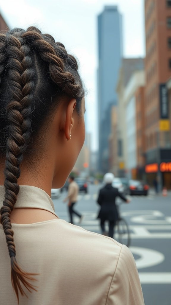 A close-up of a person with knotless braids styled in a V-shaped part, set against a city backdrop.