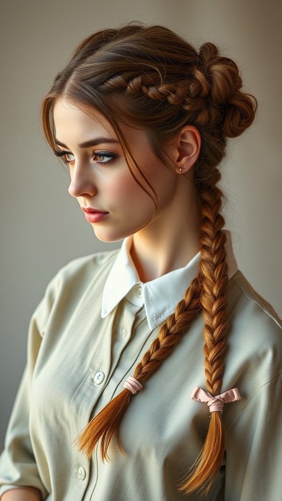 A woman with knotless braids styled with a vintage flair, featuring soft waves and delicate accessories.