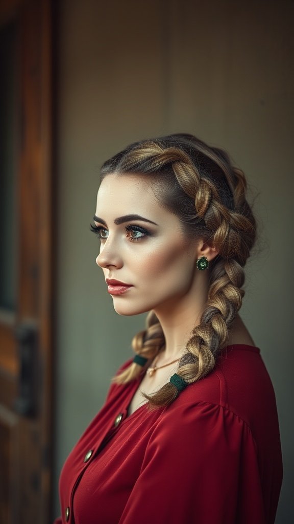 A woman with knotless braids styled elegantly, showcasing a vintage flair.