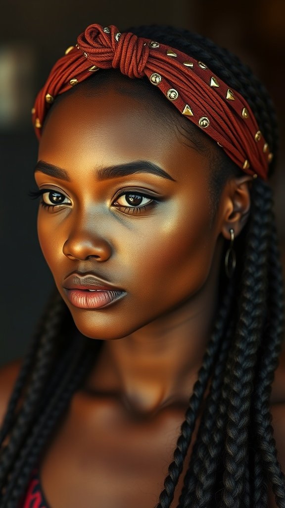 A close-up of a woman with knotless braids and a vintage headband.