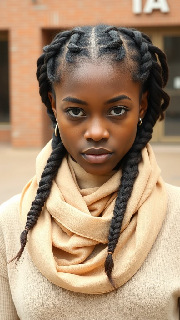 A person with knotless braids styled with a vintage scarf.