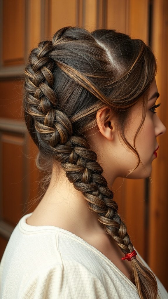 A side profile of a woman with knotless braids styled elegantly, featuring a vintage touch.