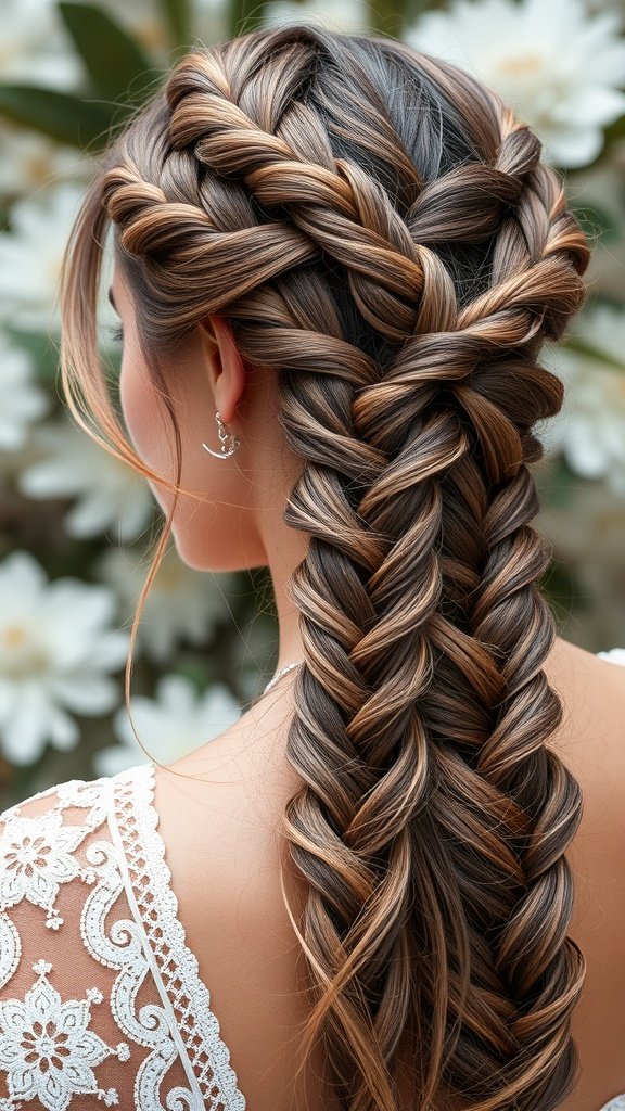 A close-up of a woman's hair styled in knotless braids with a waterfall braid, showcasing intricate details and a floral background.