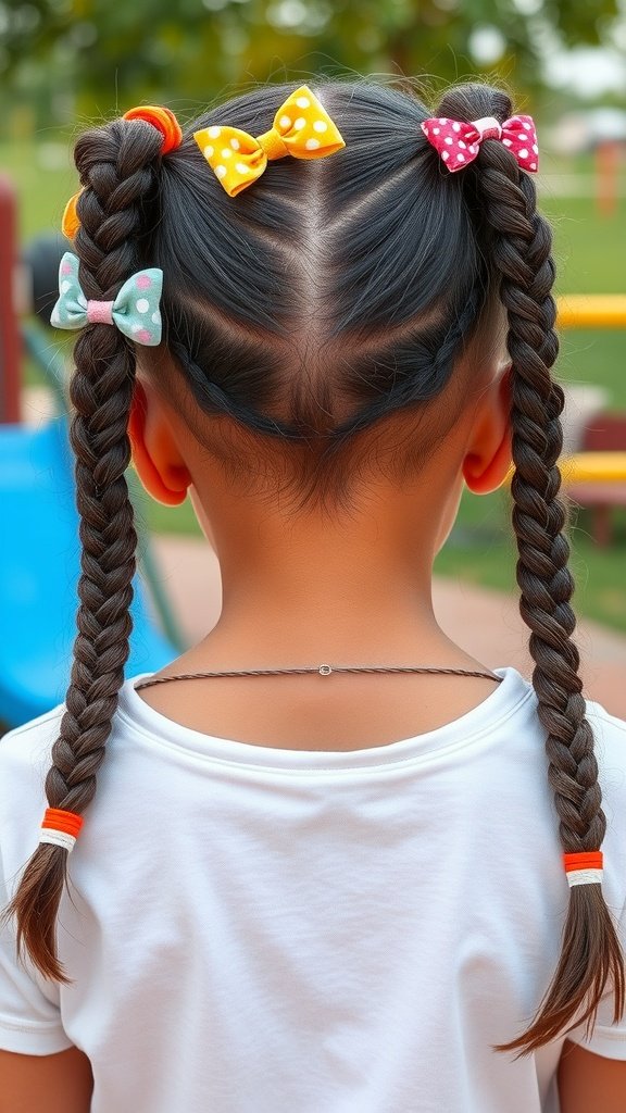 A girl with knotless braids adorned with colorful bows, showcasing a playful hairstyle.