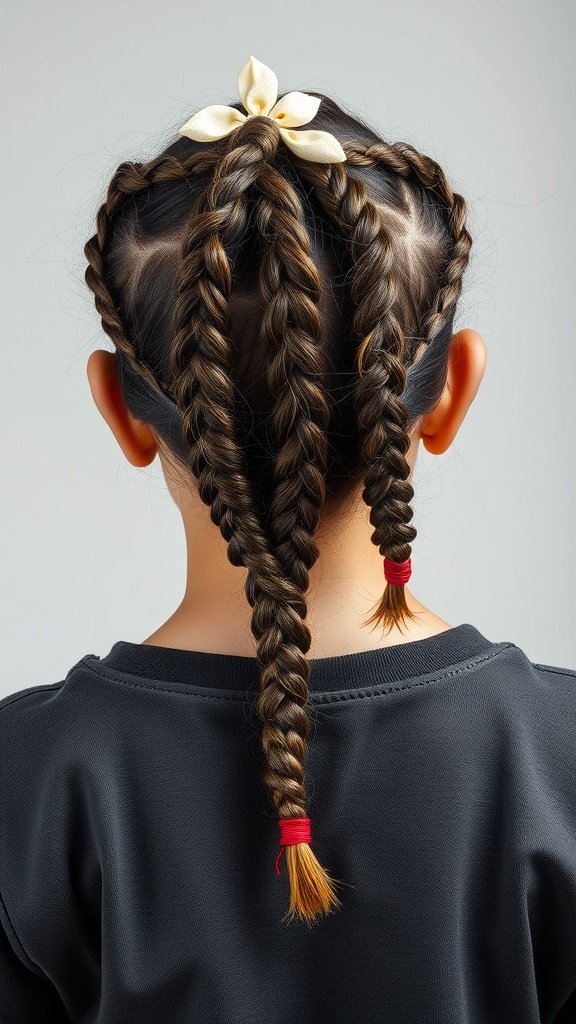 A girl with three knotless braids adorned with a flower accessory and colorful hair ties.
