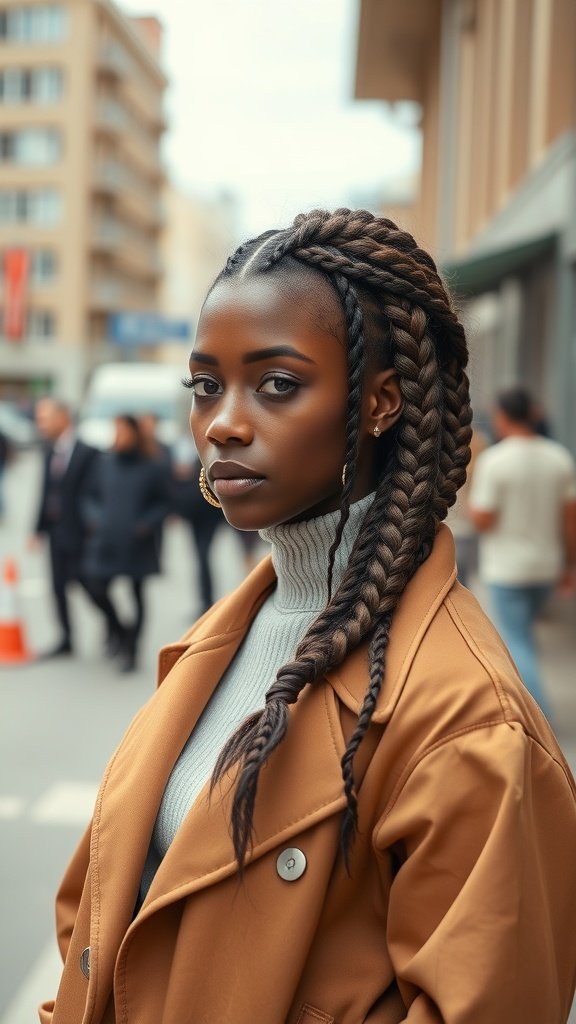A woman with knotless braids styled in a wrap-around fashion, wearing a stylish coat and looking confidently at the camera.