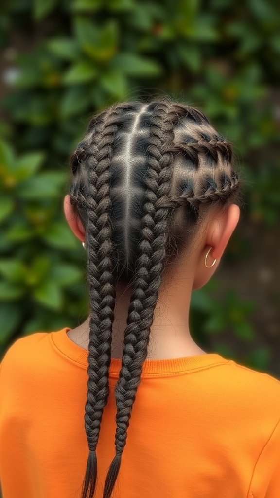 A person with knotless braids styled in a zigzag part, showcasing neat braids and a vibrant orange shirt.