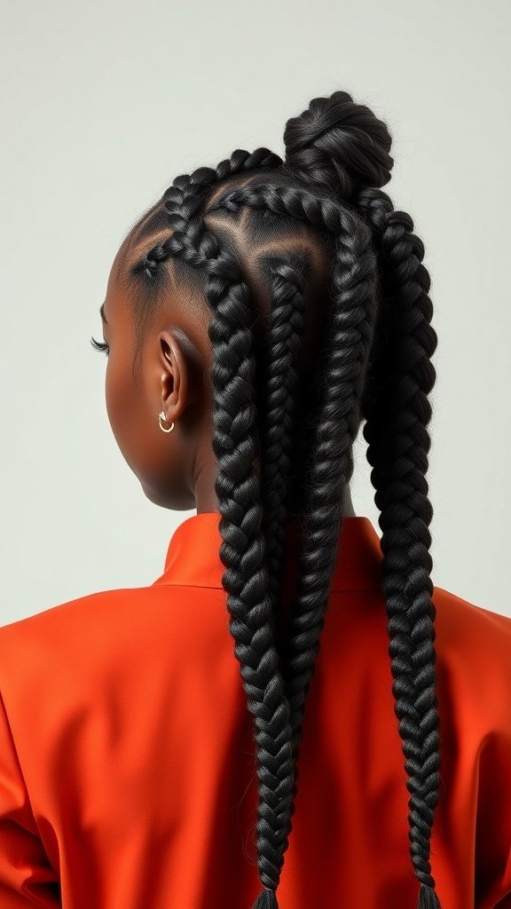 A woman with knotless braids styled in a zigzag part, showcasing long, sleek braids.