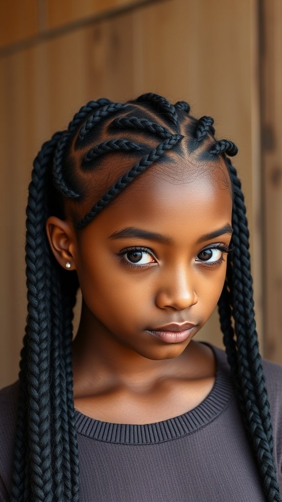 A young girl with knotless braids styled in a zigzag pattern, showcasing a unique and stylish look.
