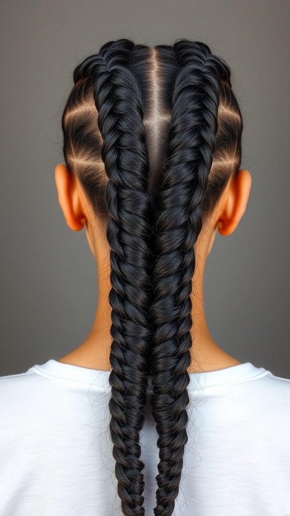 A close-up of two knotless braids styled in a zigzag pattern, showcasing clean lines and smooth texture.
