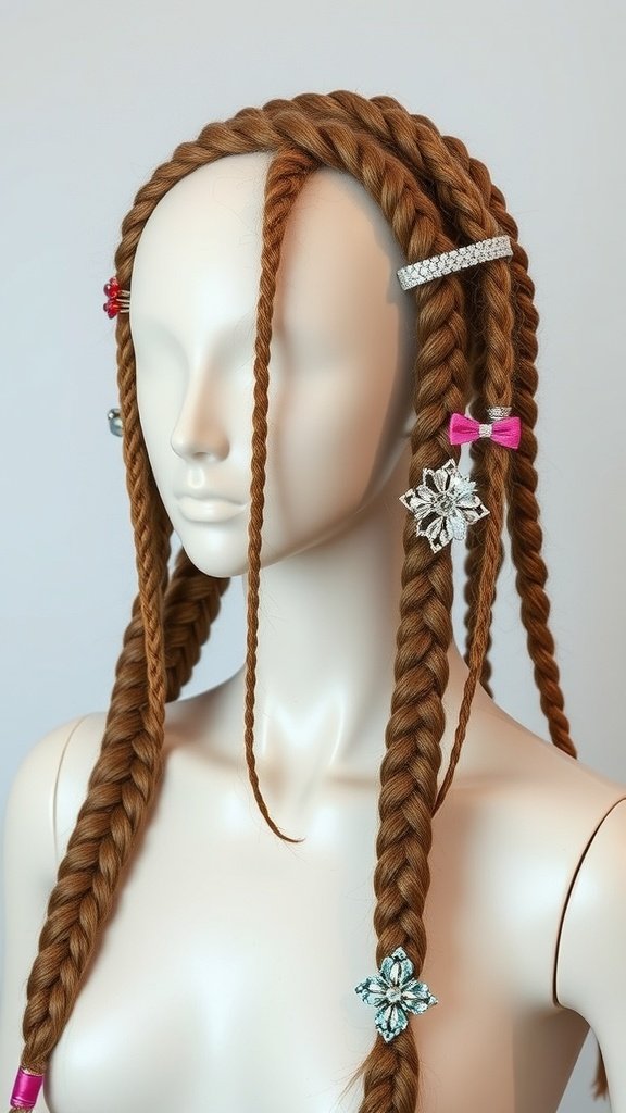 Mannequin with knotless braids decorated with colorful accessories