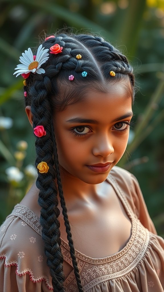 A young girl with knotless braids decorated with colorful beads and flowers.
