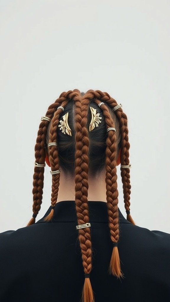 A close-up view of knotless braids adorned with decorative clips.