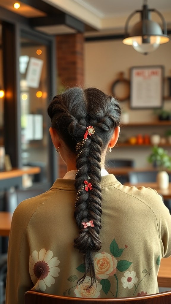 A person with knotless braids adorned with colorful accessories, seated in a cozy cafe.