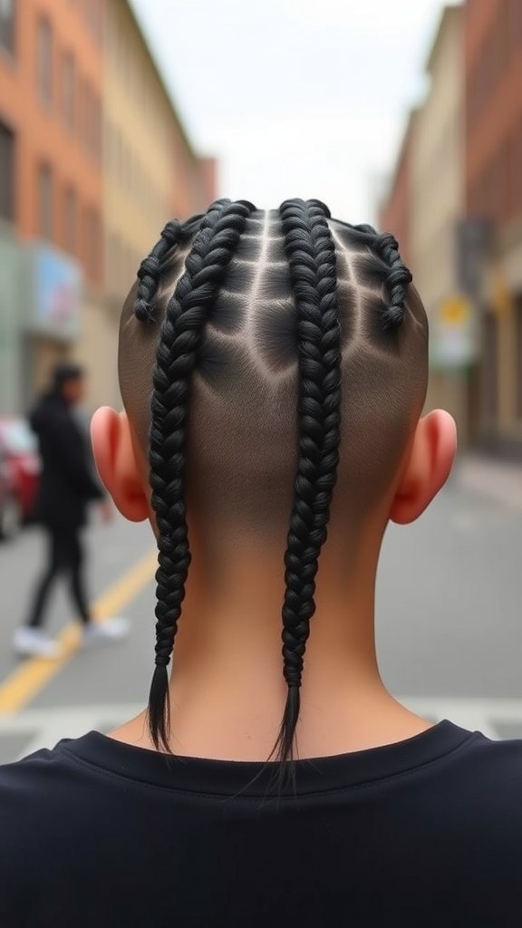 A person with knotless braids styled in an edgy cut, featuring shaved sides and back, showcasing a unique and bold hairstyle.