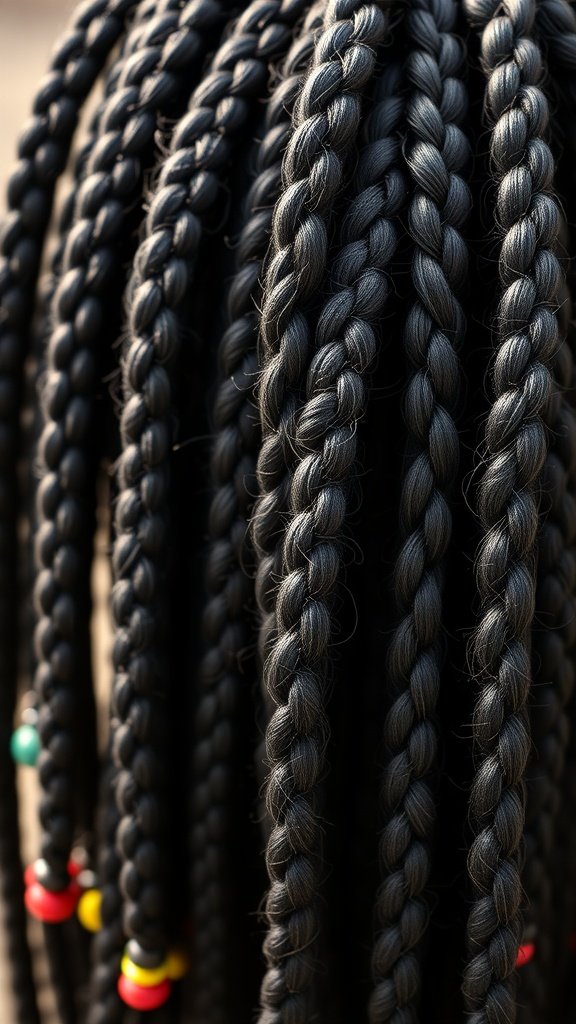 Close-up of medium knotless braids with colorful beaded accents