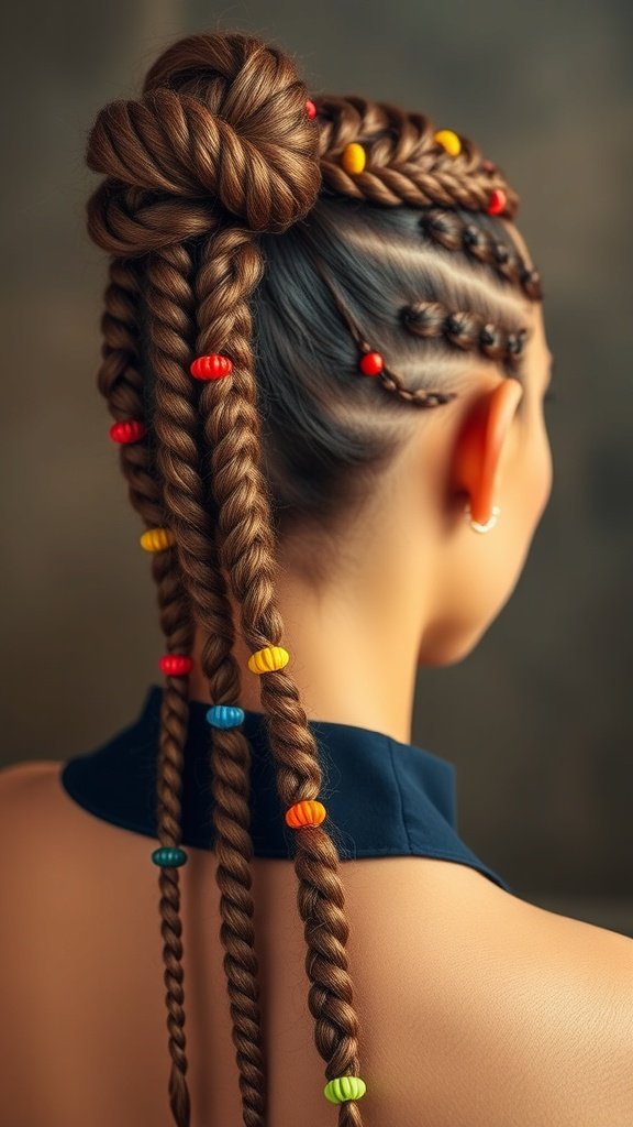 A close-up of a woman with knotless braids adorned with colorful beads, showcasing a stylish and vibrant hairstyle.