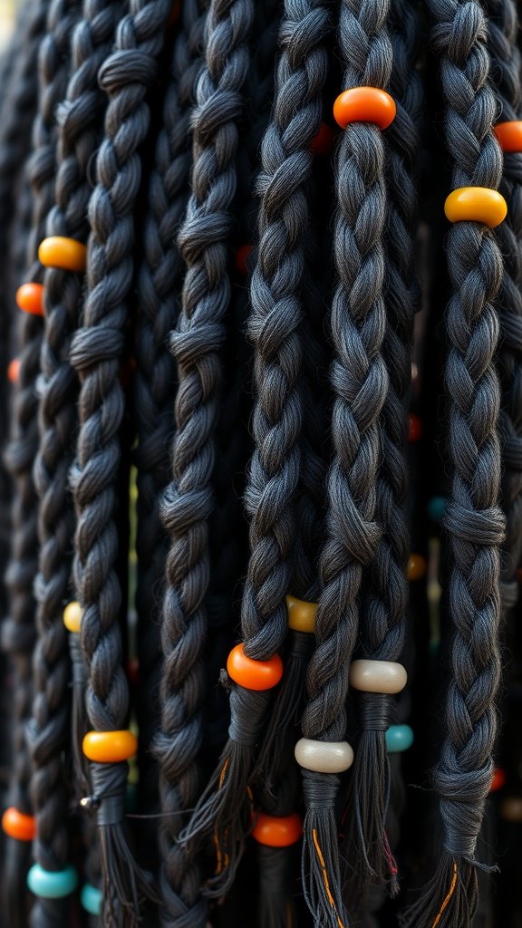 Close-up of knotless braids adorned with colorful beads.