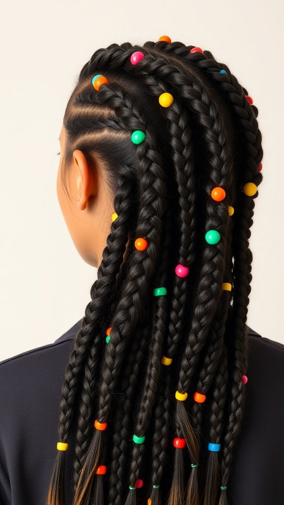 A close-up view of a woman's back with knotless braids adorned with colorful beads.