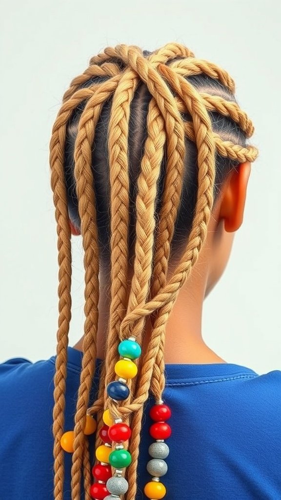 A close-up view of knotless braids with colorful beads accenting the hairstyle.